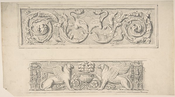 Two Frieze Designs: Decorated with Birds, Reptiles and Vines, Griffins and Vases