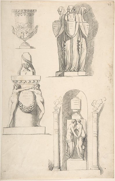 A Vase and Classical Monuments Carved with Hooded Women Carrying Urns, Two Females Embracing Beneath a Vase and Two Nude Female Figures Supporting a Vase