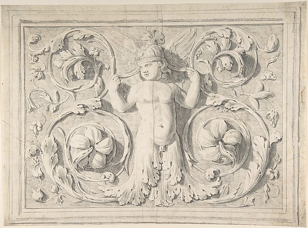 Antique Roman Sculpture with Nude Winged Boy at the Center and Leaves and Vines