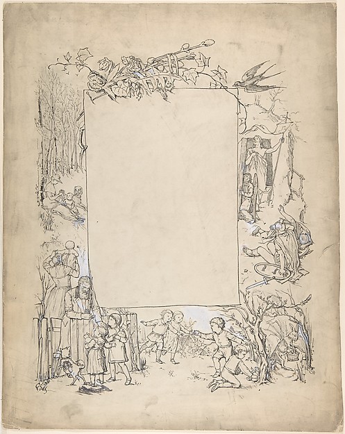 Cartouche framed with scenes of Christ leaving tomb and Easter Bunny by Anonymous, German, 19th century