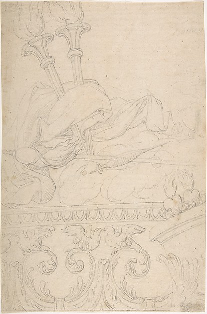 Ornament with Two Torches, a Spindle and Flax above a Rinceau of Doves with Sacred Hearts