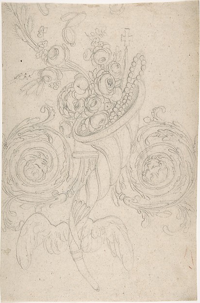 Cornucopia Held Aloft by Angels, Ornament with Cross and Rosary