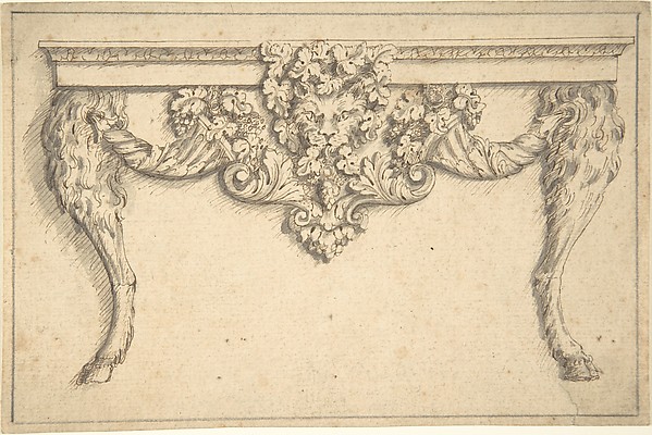 Design for a table with a cat mask and goat legs
