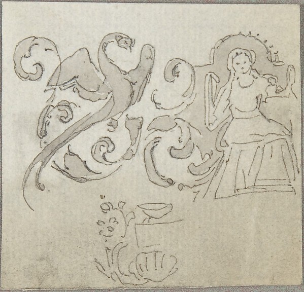Sketch of Seated Female Figure with Foliate Decoration