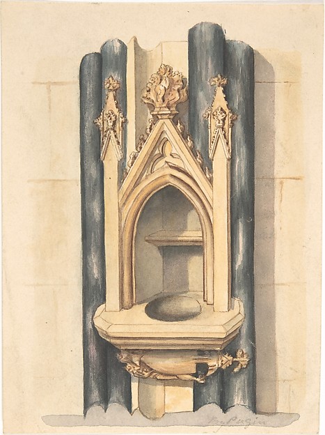 Design for baptismal  font set between paired Purbeck marble columns