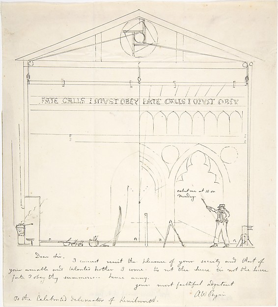 Letter with Sketch of Artist Painting Stage Scenery by Augustus Welby Northmore Pugin, The Metropolitan Museum of Art