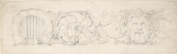 Design for Ornamental Frieze with Shell, Foliage and Satyr's Head (recto); Figural Studies (verso)