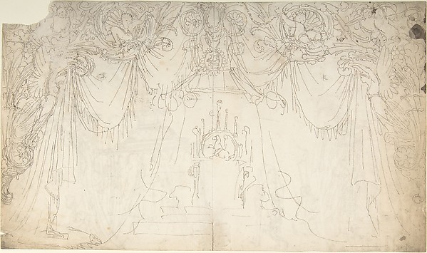 Design for Bed Alcove (recto); Studies for Statues and Carvings on Bed (verso)