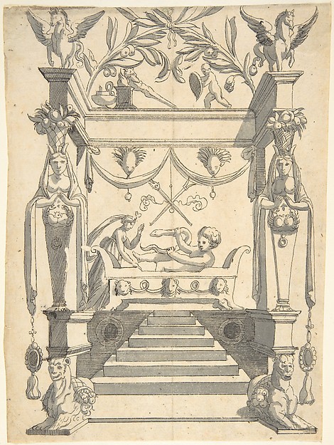 Grotesque with an Architectural Structure with a Young Boy on a Bed, Holding a Snake.