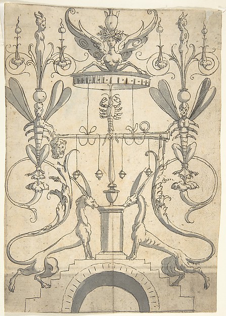 Candelabra Grotesque on a Pedestal with Fantastical Creatures and a Lobster