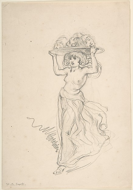 Girl Carrying a Tray with Four Heads