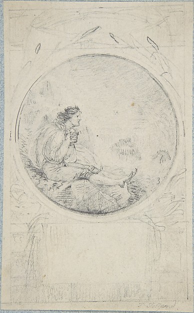 Seated man in circular medallion (design for a book illustration)