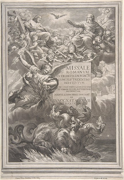 The holy trinity with Saint Michael vanquishing a six-headed dragon, frontispiece to 'Missale Romanum ex decreto sacrosancti Concilii tridentini restitutum' by Pietro da Cortona (Pietro Berrettini)