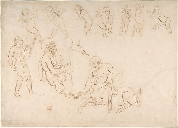 Studies for the decoration of the Library, Palais Bourbon, Paris:  standing nude athlete; seated man with a lyre; centaur; and seven putti (three with wings)