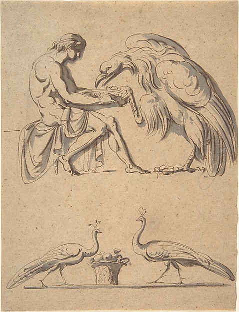 Jupiter, disguised as an eagle, with Ganymede, and a sketch of  two peacocks
