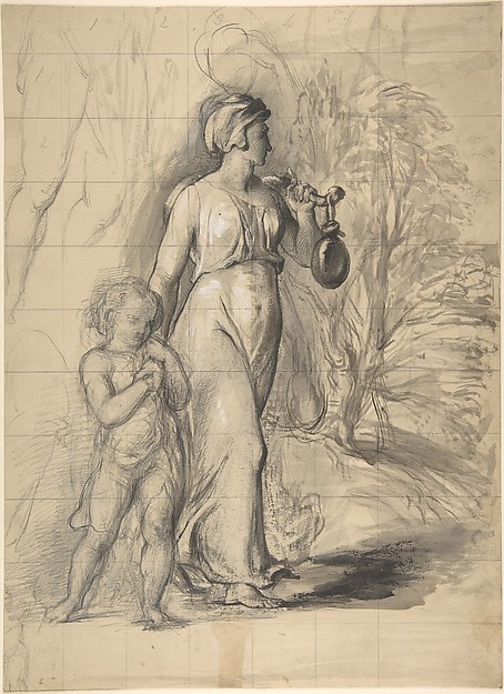 Hagar and Ishmael in the Wilderness (recto); Two portrait studies of the artist's wife, and a study of a leg and torso (verso)
