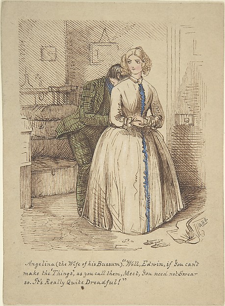 Design for "Hooking and Eyeing," a wood engraving published in "Punch" (recto); Sketch of two women and a man (verso)