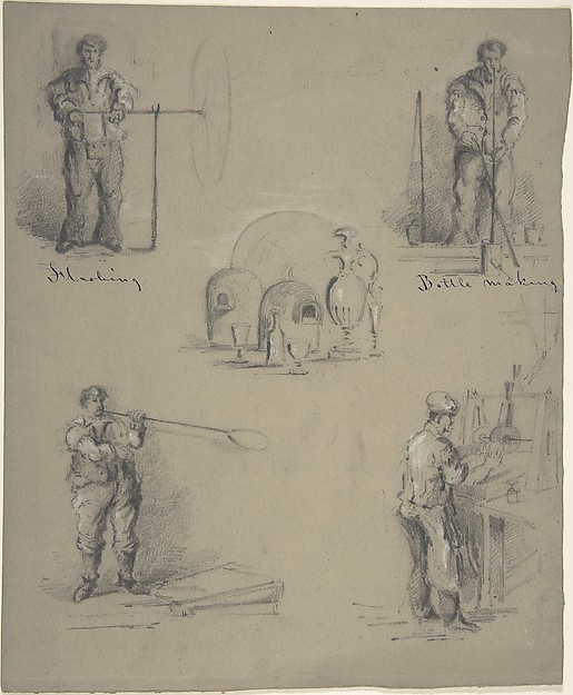 Five images showing the processes of manufacturing glass