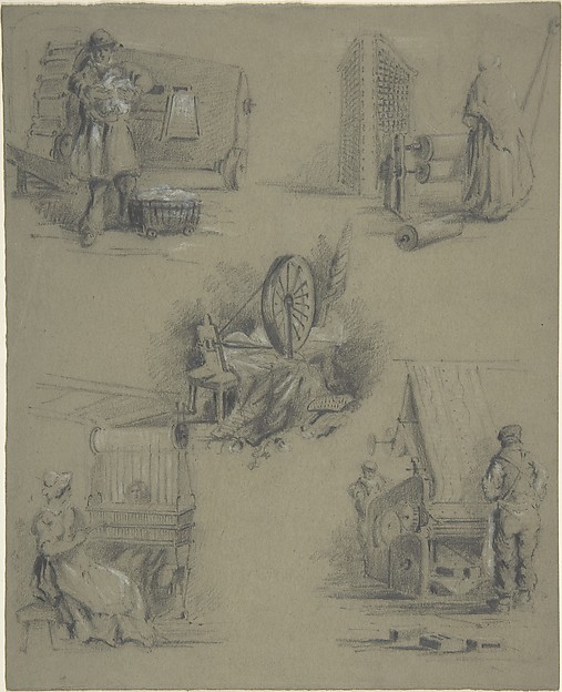 Five drawings showing processes of weaving and spinning