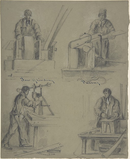 Four drawings showing the manufacture of saws
