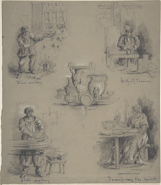 Five drawings showing the manufacture of china