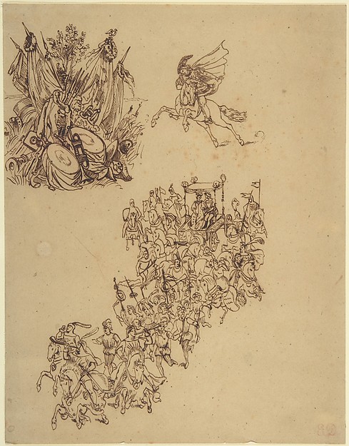 Sheet of Studies:  A Marriage Procession in Sixteenth-Century Dress; a Cavalier; and a Trophy of Arms