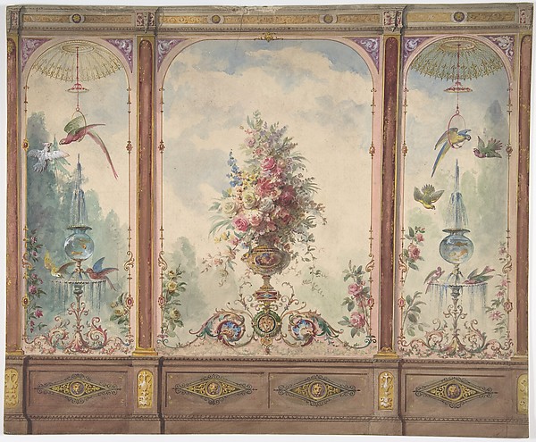 Design for a Wall with a Flower Vase, Birds, Two Gold Fish and Globe Fountains