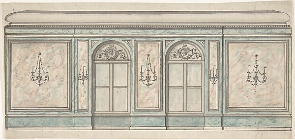 Elevation of a Wall with Two Windows and Five Wall Lights