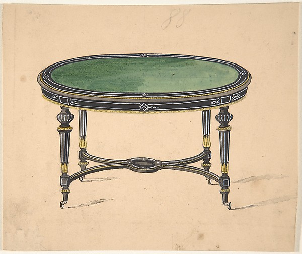 Design for a Round or Oval Table with a Green Top and Black and Gold Sides and Legs