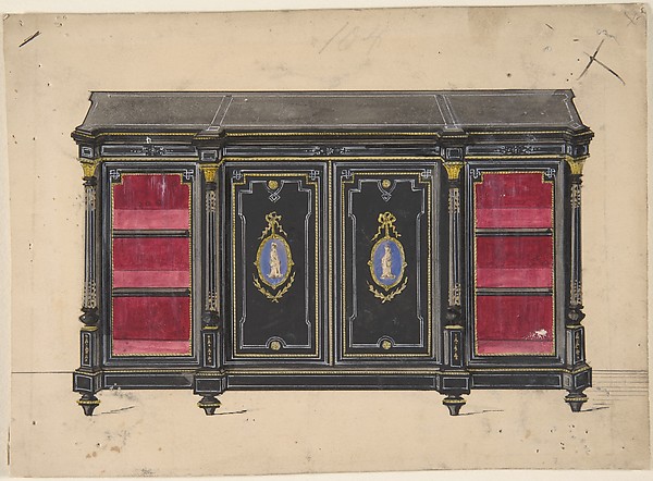 Cabinet Design with Porcelain Plaques and Red Interior