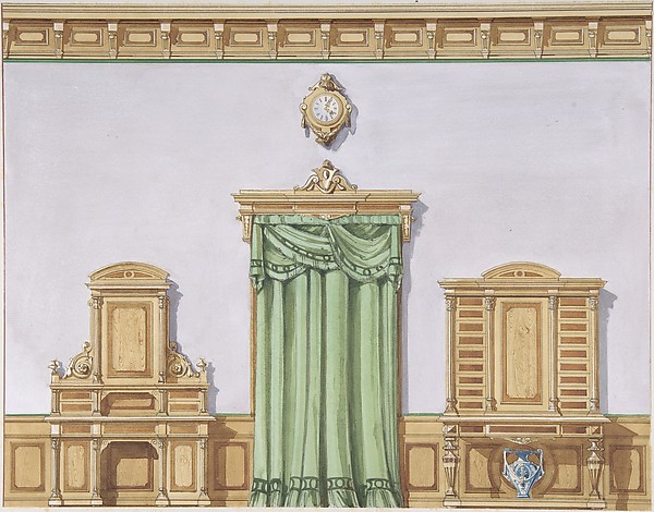 Interior Design with a Central Door Covered by Green Drapery and Two Cabinets