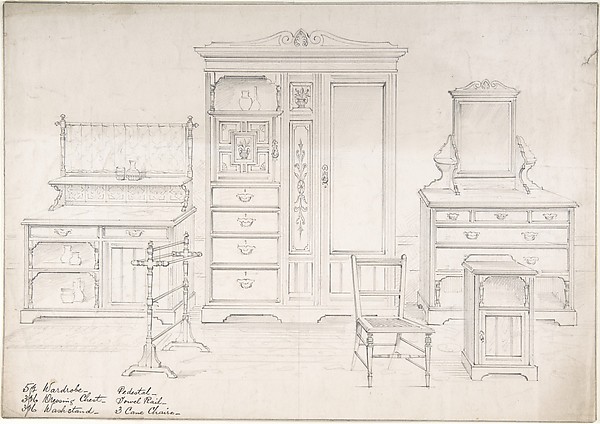 Designs for a Wardrobe, Dressing Chest, Wash Stand, Pedestal, Towel Rail and Cane Chairs