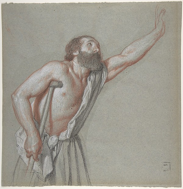 Man Leaning on a Crutch with Left Arm Raised