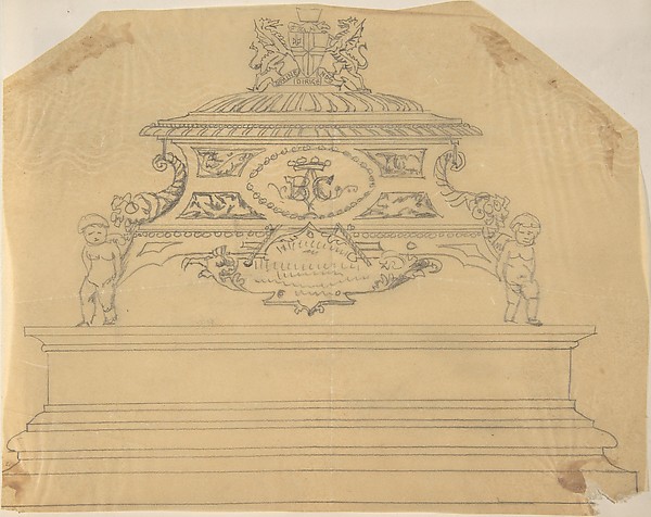 Metal Casket Supported by Putti, Inscribed with Crowned Initials B.C., and Topped with Dragons
