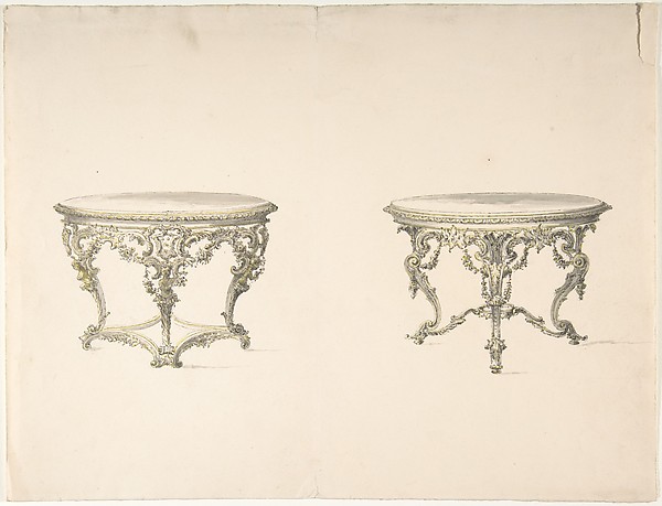 Design for Two Round Tables with Foliate Rococo Style Carving