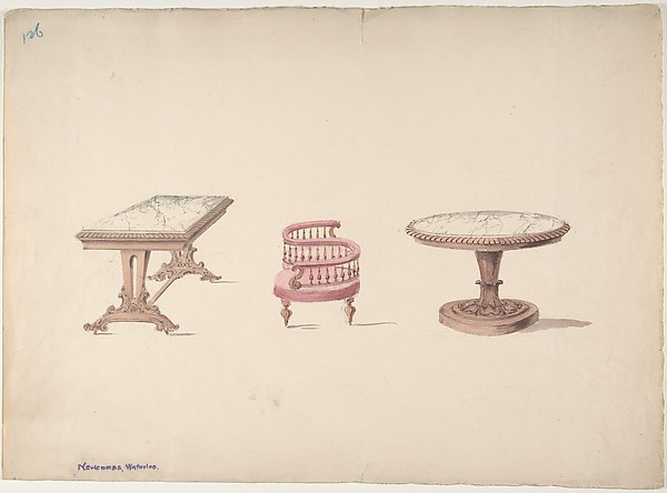 Design for a Rectangular and Round Marble-topped Tables and a Tête-à Tête Chair