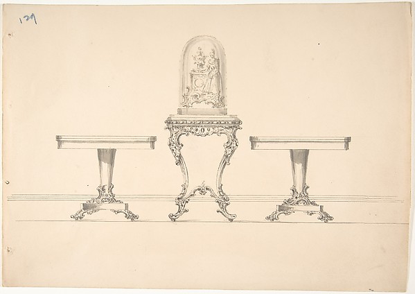 Design for Two Round Pedestal Tables and Square Rococo-style Table Supporting a Clock under Glass