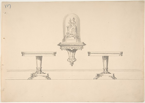 Design for Two Round Pedestal Tables and Rococo-style Carved Shelf Supporting a Clock under Glass