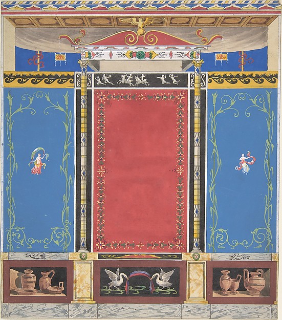 Painted Wall Decor Featuring Thin Column with a Pair of Swans and Trompe L'Oeil Vases at Base