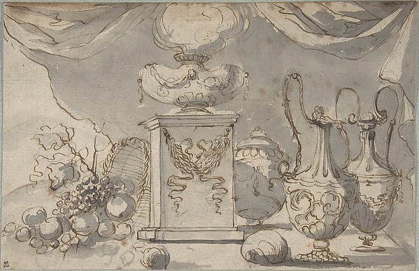 Still Life:  Vases, a Cassolette on a Pedestal, and an Overturned Basket of Fruit