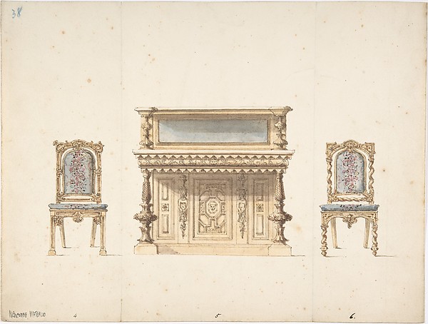 Design for a Mirrored Cabinet and Two Chairs
