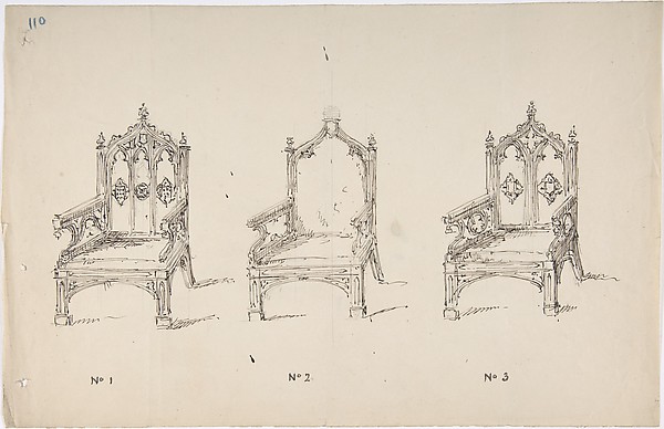 Design for Three Low Gothic Style Arm Chairs