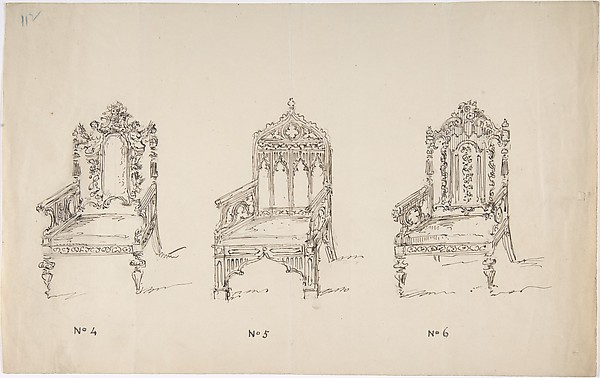 Design for Three Low Gothic or Renaissance Style Arm Chairs