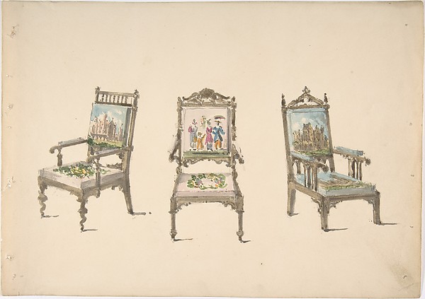Design for Three Armchairs with Pictorial Upholstery