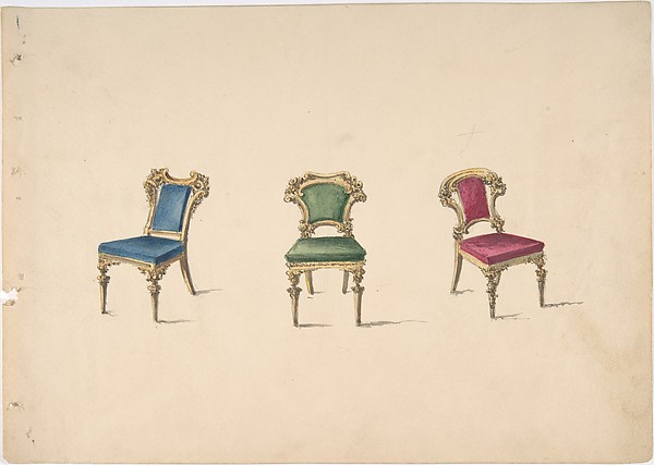 Design for Three Chairs with Blue, Green and Red Upholstery