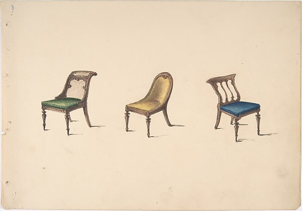 Design for Three Chairs with Slanted Backs, Green, Yellow and Blue Upholstery