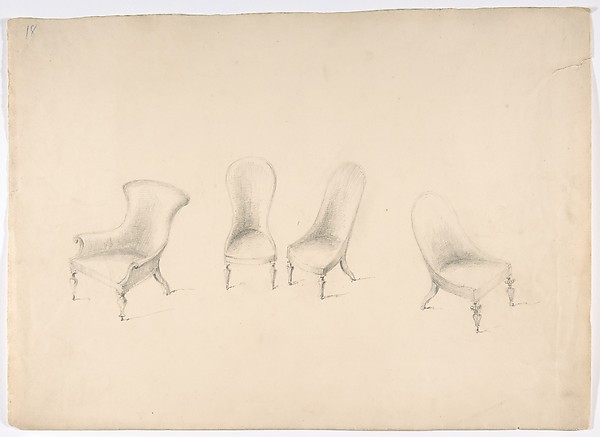 Design for Four Uphostered Chairs on Casters, One with Arms