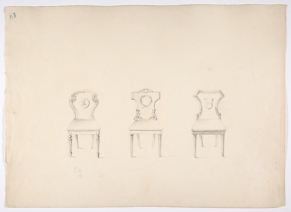 Design for Three Chairs with Arms or Devices on Backs