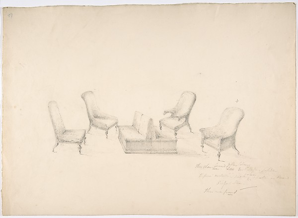 Design for a Suite of Furniture, A Double-sided Sofa, Two Chairs and Two Armchairs (Verso: sketch for shelves and a mirror)