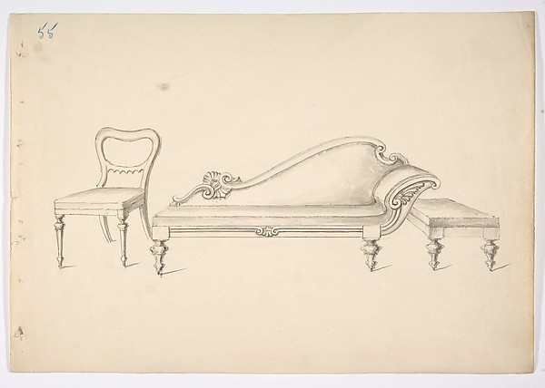 Design for a Sofa with One WIng-like Arm, Chair and Stool